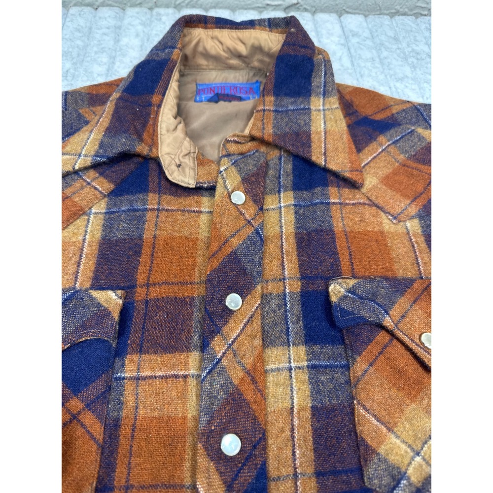 Vintage Ponderosa Mens Plaid Western Pearl Snap Wool Blend Shirt Orange Navy M